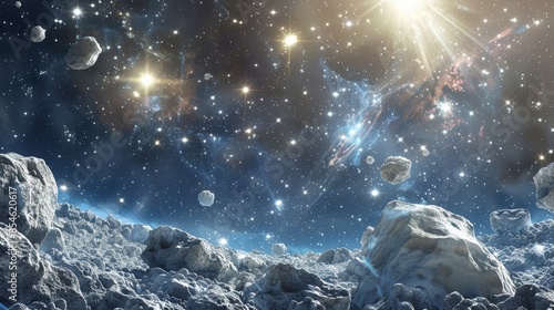 Photo of a space scene with an astroid and brightly shining stars. photo