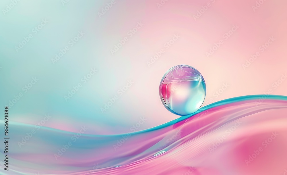 Stunning macro image of a clean transparent bright drop of water on a smooth surface in blue and pink. Stunning macro image of a clean transparent bright drop of water on a smooth surface in blue and pink.