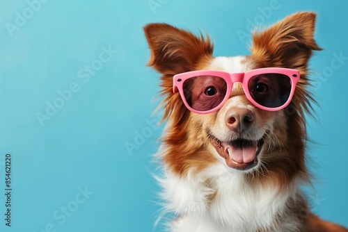 Cool dog wearing pink sunglasses against a blue background, showcasing a playful and fun vibe. Perfect for pet and summer-themed projects.