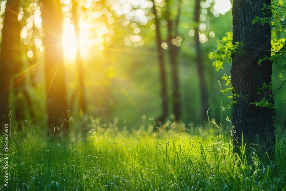 Defocused green trees in forest or park with wild grass and sun beams. Beautiful summer spring natural background. Defocused green trees in forest or park with wild grass and sun beams. Beautiful summer spring natural background.