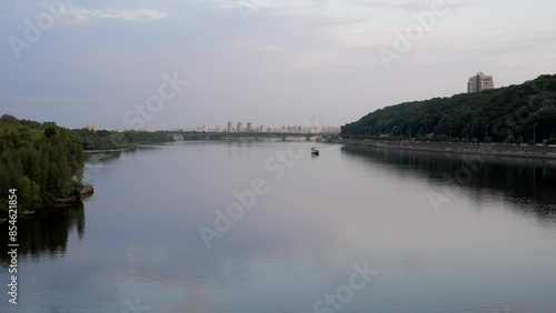 View of the evening Dnieper river and bridges in Kyiv