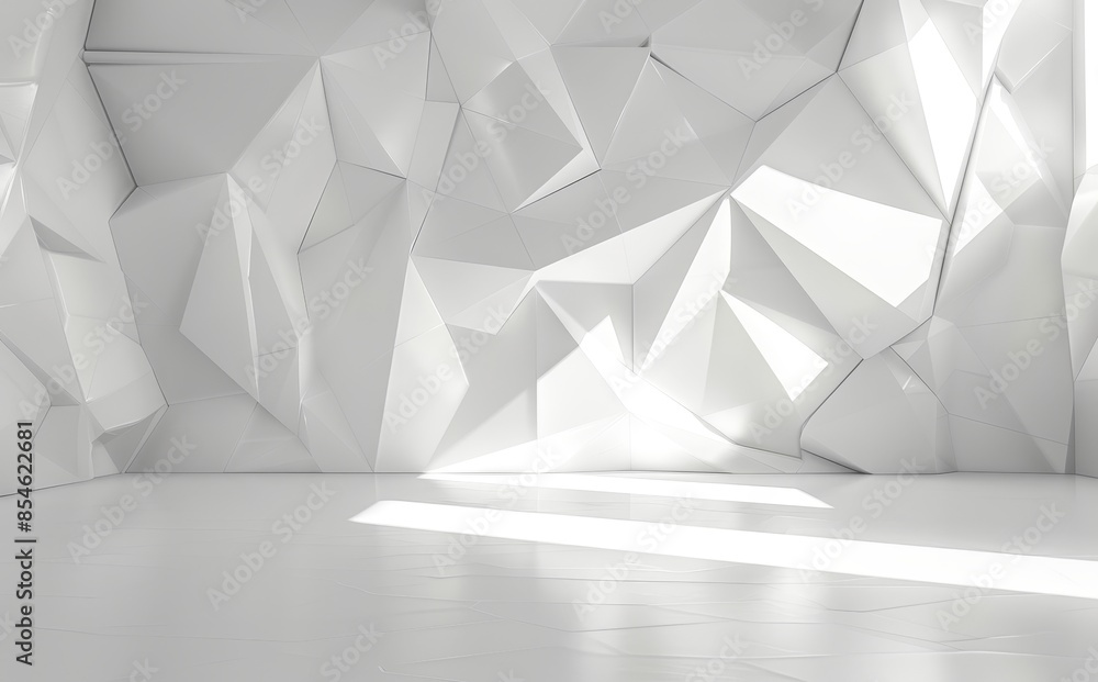 The walls are covered in polygonal patterns in an abstract white 3D interior The walls are covered in polygonal patterns in an abstract white 3D interior