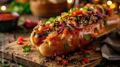 A gourmet hot dog topped with vibrant, fresh vegetables and unique sauces, placed on a rustic wooden table with festive outdoor lighting makes for a mouthwatering display.