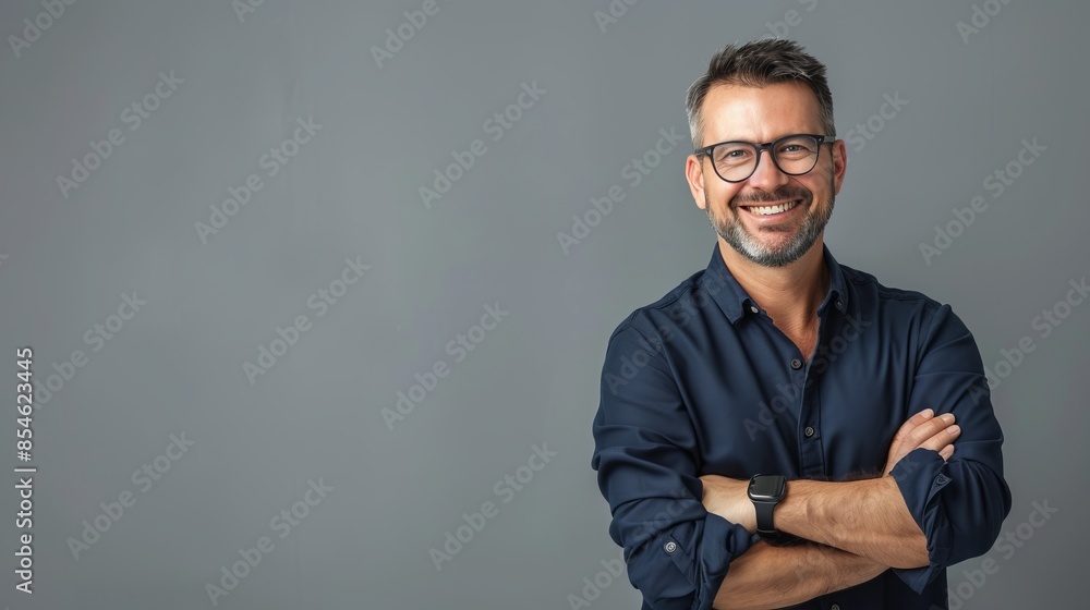 Smiling bearded man with glasses in casual wear standing with his arms crossed against gray background. Professional and friendly vibe for corporate or business use. This is a concept image. AI