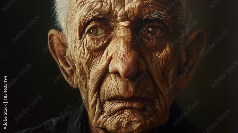 Realistic portrait of an elderly man with deep wrinkles and expressive eyes, set against a dark background, capturing the wisdom and emotion of age. Realistic portrait of an elderly man with deep wrinkles and expressive eyes, set against a dark background, capturing the wisdom and emotion of age.