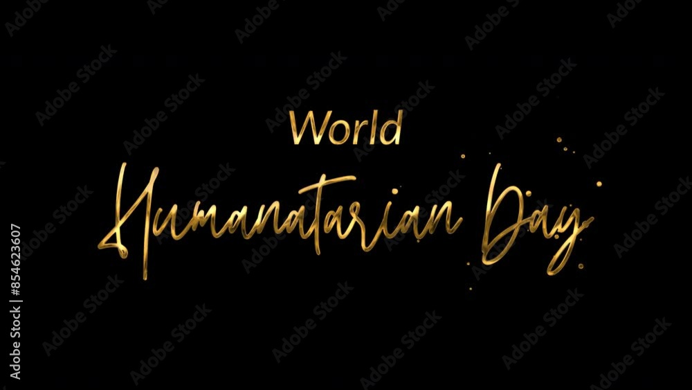 Elegant 4K World Humanitarian Day text animation with gold ink droplets forming flowing calligraphy. Glowing effect, transparent background, perfect for awareness campaigns.
Elegant 4K World Humanitarian Day text animation with gold ink droplets forming flowing calligraphy. Glowing effect, transparent background, perfect for awareness campaigns.