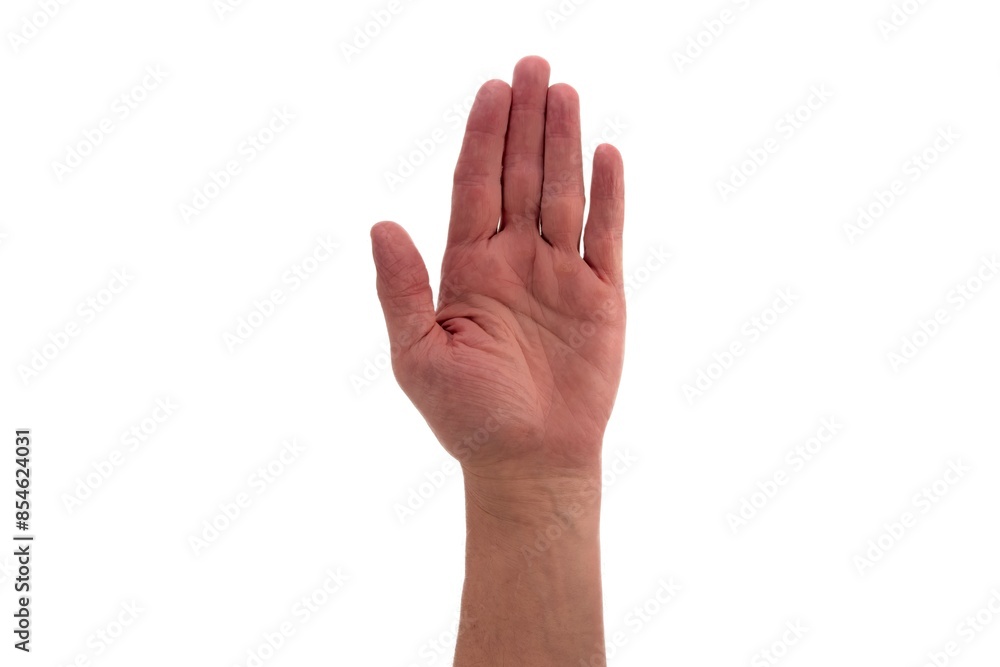Hand signs. Five. Male hand with five fingers directed upward isolated on white background. Hand signs. Five. Male hand with five fingers directed upward isolated on white background.