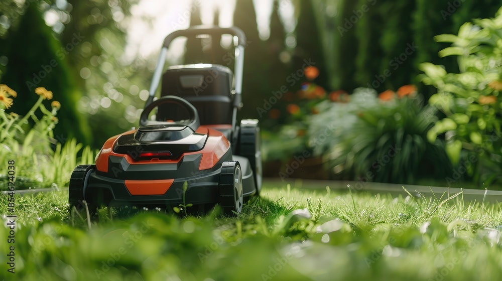 Cordless lawn mower trimmer for maintaining lawns displayed with greenery background front angle space for text Cordless lawn mower trimmer for maintaining lawns displayed with greenery background front angle space for text