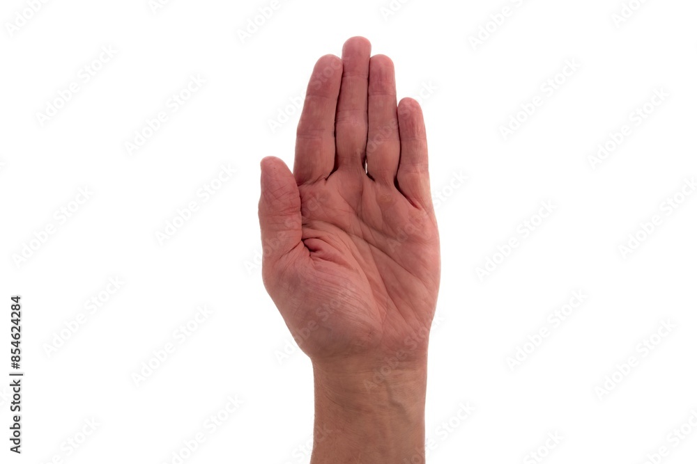 Hand signs. Five. Male hand with five fingers directed upward isolated on white background. Hand signs. Five. Male hand with five fingers directed upward isolated on white background.