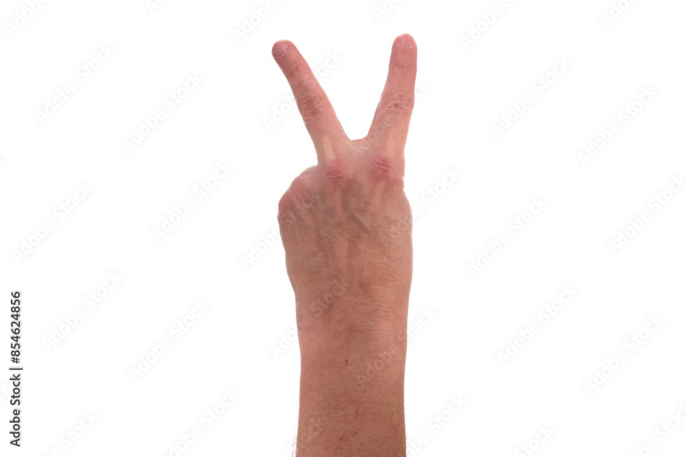Hand signs. Victory or peace symbol. Male hand with two fingers directed upward isolated on white background. Hand signs. Victory or peace symbol. Male hand with two fingers directed upward isolated on white background.