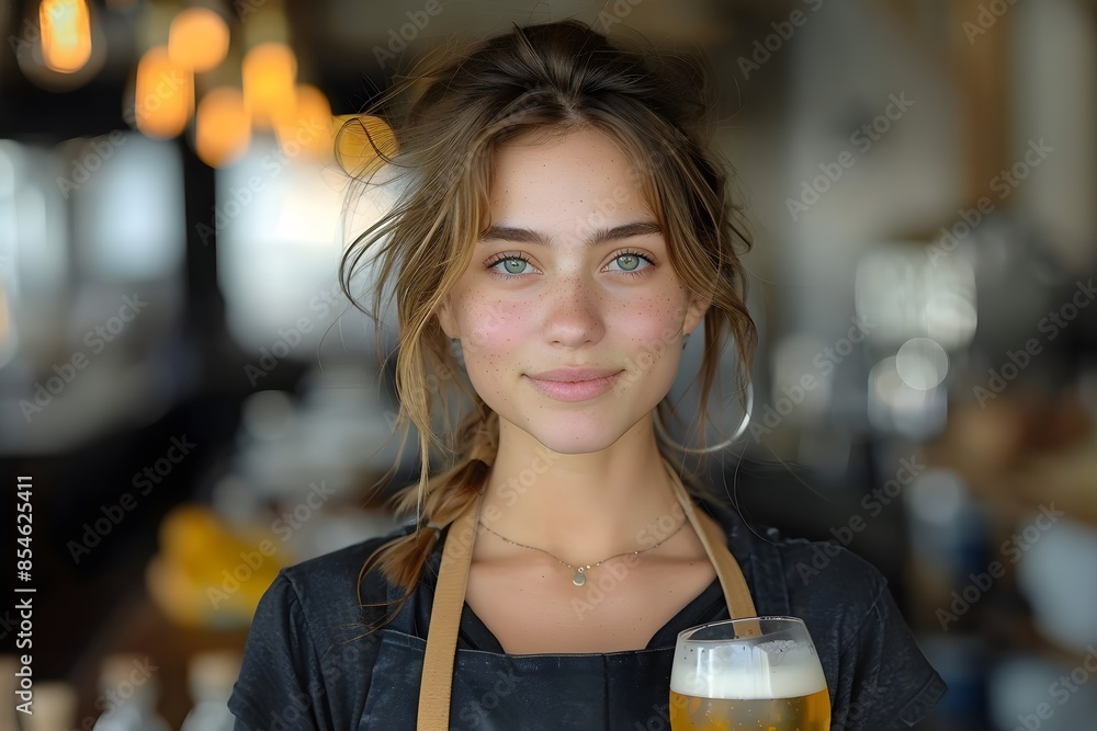 Smiling Female Bartender Holding a Beer in a Cozy Pub Setting - Hospitality, Service, Portrait Smiling Female Bartender Holding a Beer in a Cozy Pub Setting - Hospitality, Service, Portrait