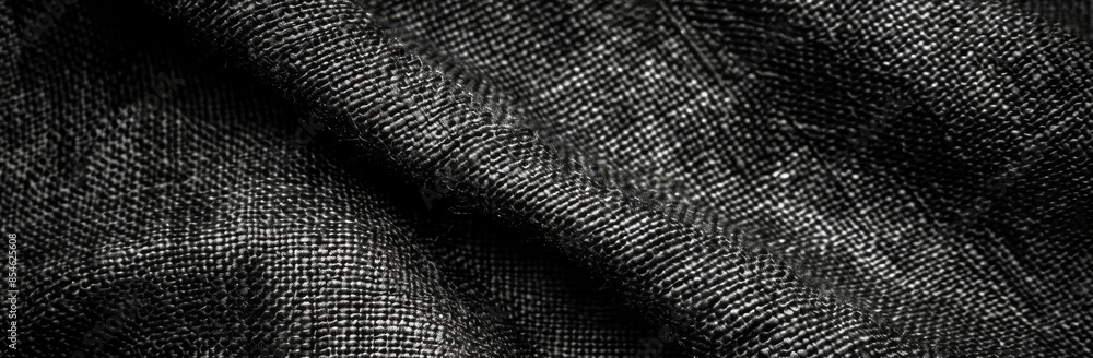Black fabric wide background. Close-up of natural weave cloth in dark and black colors. Fabric texture of cotton and linen fabrics. Black fabric wide background. Close-up of natural weave cloth in dark and black colors. Fabric texture of cotton and linen fabrics.