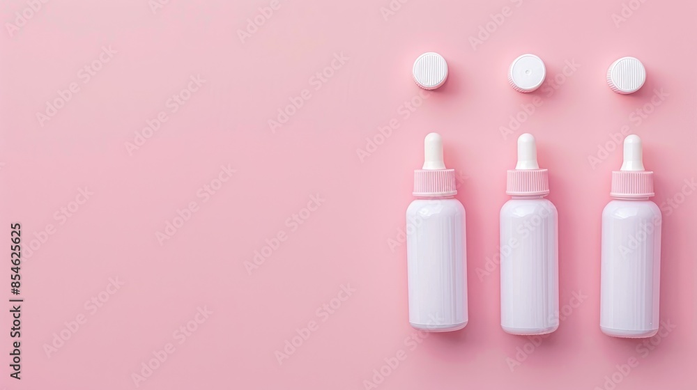 Design template with medicine bottles on pink background in flat lay style Design template with medicine bottles on pink background in flat lay style