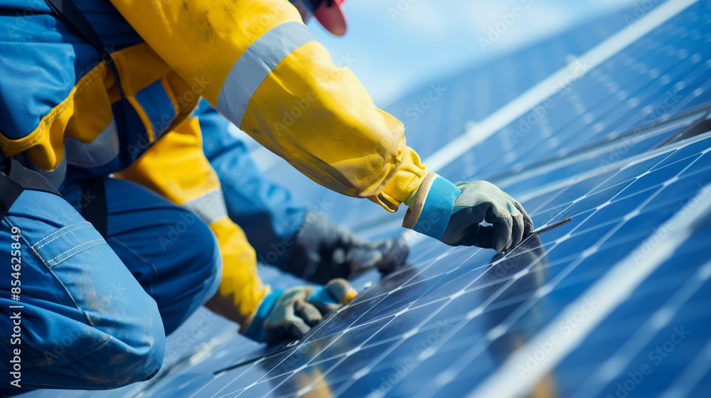 Engineer Inspecting Solar Panels at Renewable Energy Site Engineer Inspecting Solar Panels at Renewable Energy Site