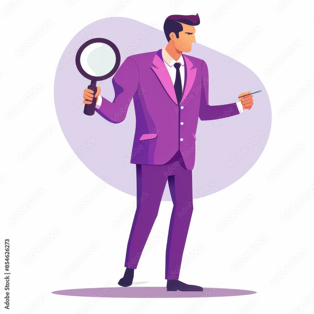 White background with a modern image of a man in a costume with a magnifying glass White background with a modern image of a man in a costume with a magnifying glass
