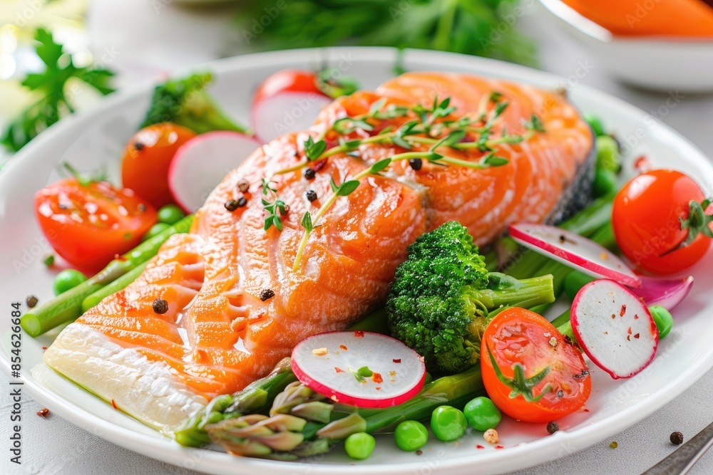 Roasted salmon steak with asparagos broccoli carrot tomatoes radish green beans and peas. Fish meal with fresh vegetable Roasted salmon steak with asparagos broccoli carrot tomatoes radish green beans and peas. Fish meal with fresh vegetable