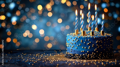 A blue birthday cake with lit candles, surrounded by a bokeh effect of warm lights
