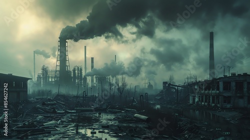 An industrial wasteland with abandoned buildings and machinery, the sky filled with dark smoke and pollution photo