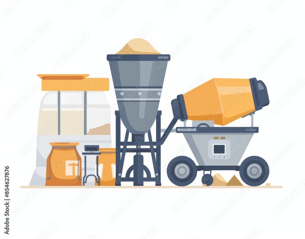 A modern illustration of cement bags, sand bags, concrete mixers, and industrial equipment for construction and industry A modern illustration of cement bags, sand bags, concrete mixers, and industrial equipment for construction and industry