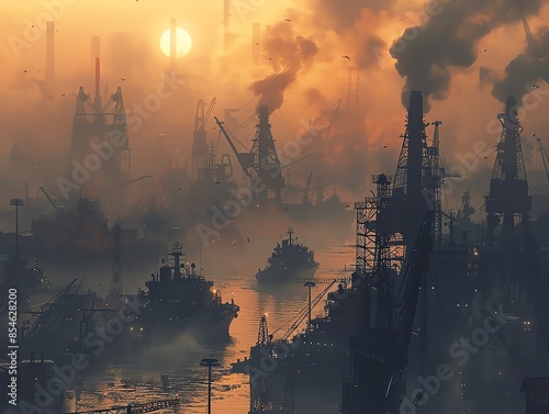 A port city with cranes and ships silhouetted against a smoky sky, industrial activity evident in the air