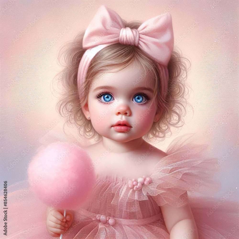 Fototapeta premium realistic airbrush painting of a baby girl in pastel pink tulle dress ,with a big bow,blue eyes, curly hair, pastel pink lips, pastel pink cotton candy in her hand