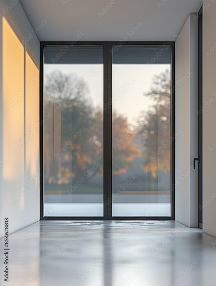 Fototapeta premium Modern minimalist interior with large window and morning sunlight.