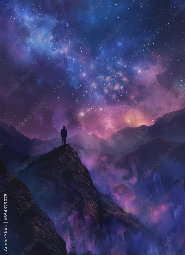 Long exposure of a night sky landscape. A man stands on a high rock looking up at the stars. This is a composite photo. Long exposure of a night sky landscape. A man stands on a high rock looking up at the stars. This is a composite photo.