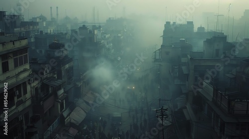 A dense urban neighborhood shrouded in smog, with people going about their daily lives despite the pollution