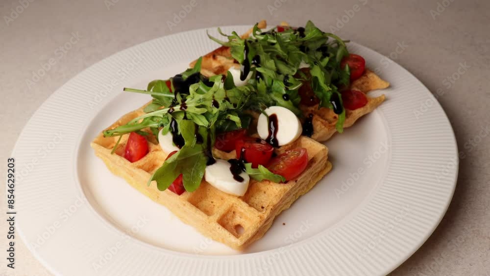 Belgian unsweetened lentil waffles with cherry tomatoes, small mozzarella balls, and fresh arugula on a white plate. Drizzle the vegetarian waffle with balsamic vinegar. Belgian unsweetened lentil waffles with cherry tomatoes, small mozzarella balls, and fresh arugula on a white plate. Drizzle the vegetarian waffle with balsamic vinegar.