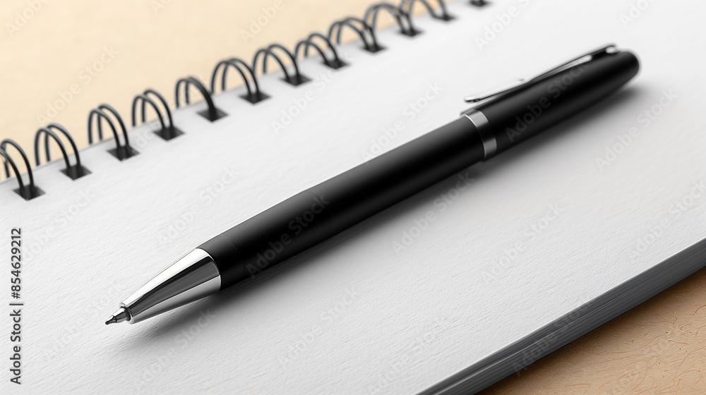 black pen on an empty notebook, a sleek black pen with silver accents rests on a spiral-bound notebook with blank white pages. with the spiral binding black pen on an empty notebook, a sleek black pen with silver accents rests on a spiral-bound notebook with blank white pages. with the spiral binding