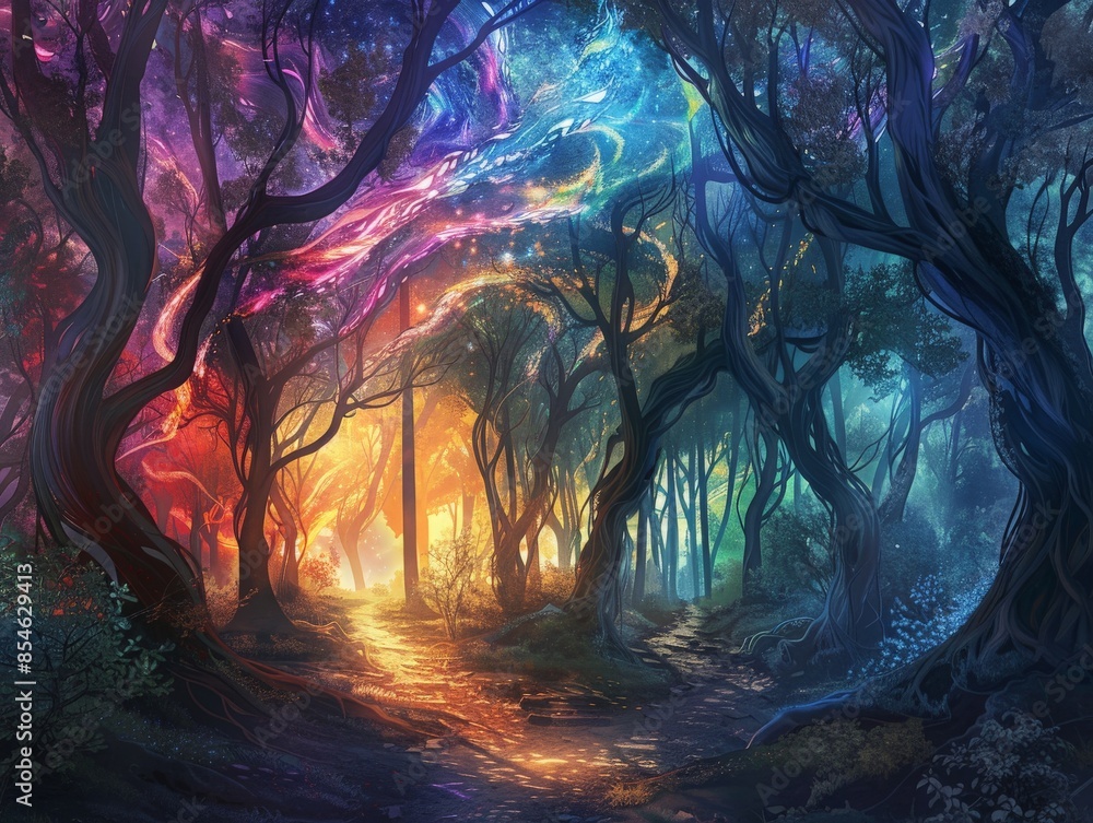 Forest with trees whose trunks and branches are made of colorful, swirling light, casting ethereal glows and creating a magical, surreal environment Forest with trees whose trunks and branches are made of colorful, swirling light, casting ethereal glows and creating a magical, surreal environment