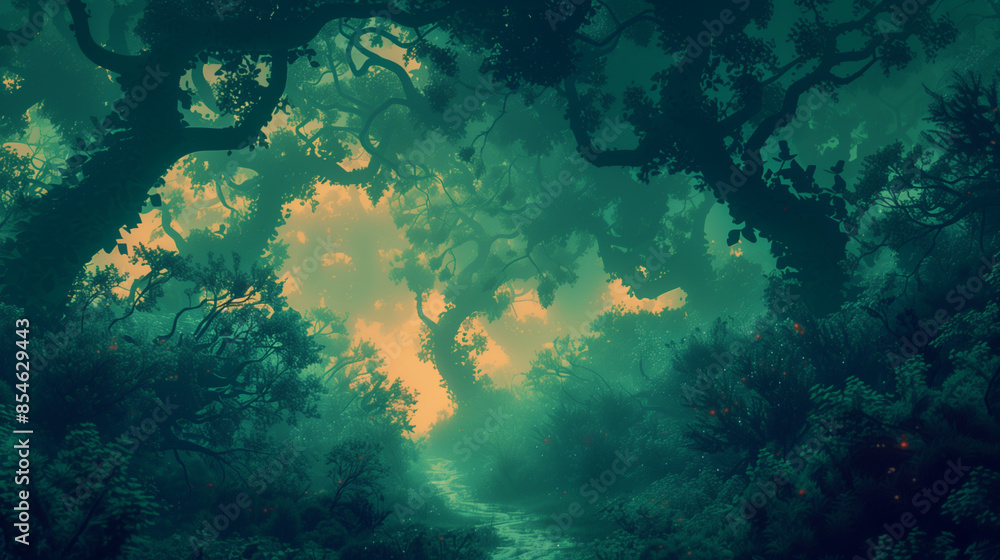 Fototapeta premium Ethereal forest with mist and vibrant greenery.