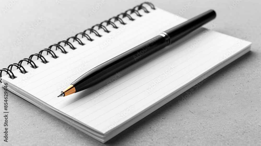black pen on an empty notebook, A black pen with gold accents placed on a spiral-bound notebook with lined pages. The notebook is positioned horizontally, and the pen is lying diagonally black pen on an empty notebook, A black pen with gold accents placed on a spiral-bound notebook with lined pages. The notebook is positioned horizontally, and the pen is lying diagonally