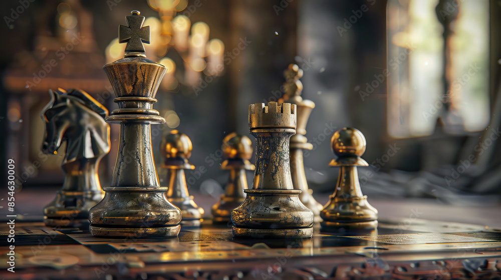 golden chess pieces on wooden table with copy space. golden chess pieces on wooden table with copy space.