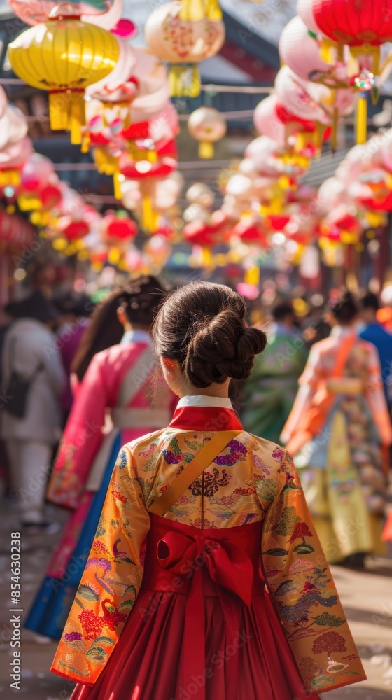 A girl dressed in traditional clothing stands amidst colorful lanterns at a festive Asian street celebration, observing the vibrant decorations. A girl dressed in traditional clothing stands amidst colorful lanterns at a festive Asian street celebration, observing the vibrant decorations.