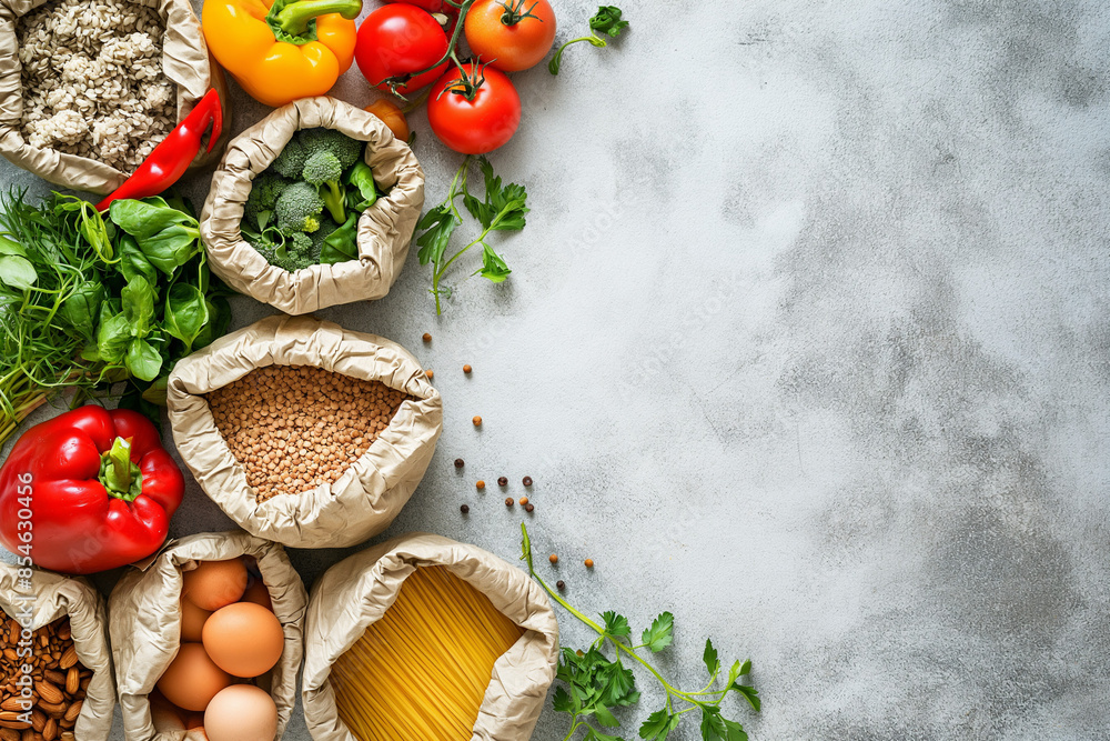 Healthy food. Variety of vegetables, fruits, herbs, cereals and legumes on a texture table. View from above. Place for text. Balanced diet. Banner Healthy food. Variety of vegetables, fruits, herbs, cereals and legumes on a texture table. View from above. Place for text. Balanced diet. Banner