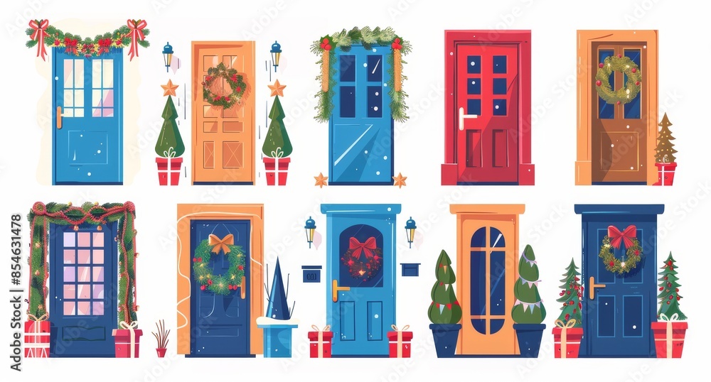 Christmas door modern set, festive entrance decor with fir trees, garland, wreath, red bows, garland, wreath