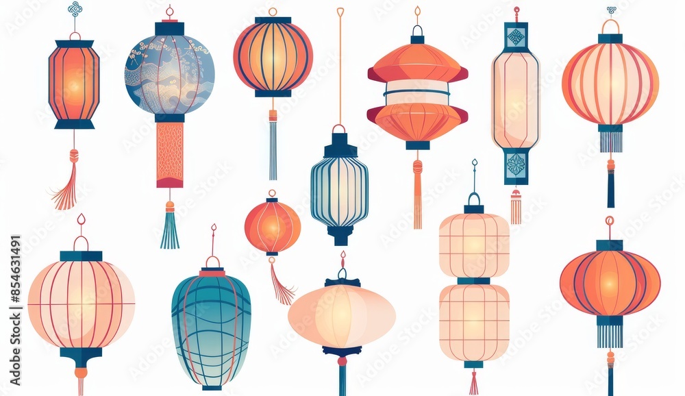 This modern set includes a variety of Japanese and Chinese lanterns, sakura trees, floral shapes which have been isolated on a white background This modern set includes a variety of Japanese and Chinese lanterns, sakura trees, floral shapes which have been isolated on a white background