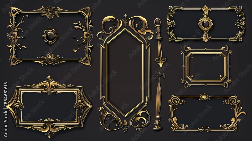 A set of golden frames decorated with gems, leaves, feathers, cartoon royal buttons, and a border bordered by bronze metallic glass A set of golden frames decorated with gems, leaves, feathers, cartoon royal buttons, and a border bordered by bronze metallic glass