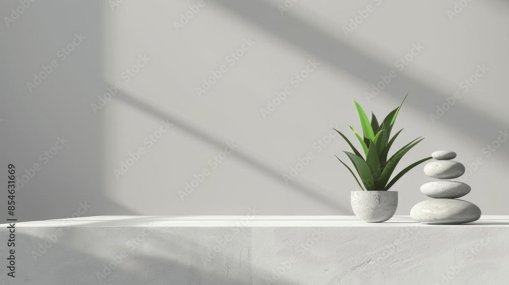 Minimalist podium with meditation stones and a plant on a light, shadowed background. Minimalist podium with meditation stones and a plant on a light, shadowed background.