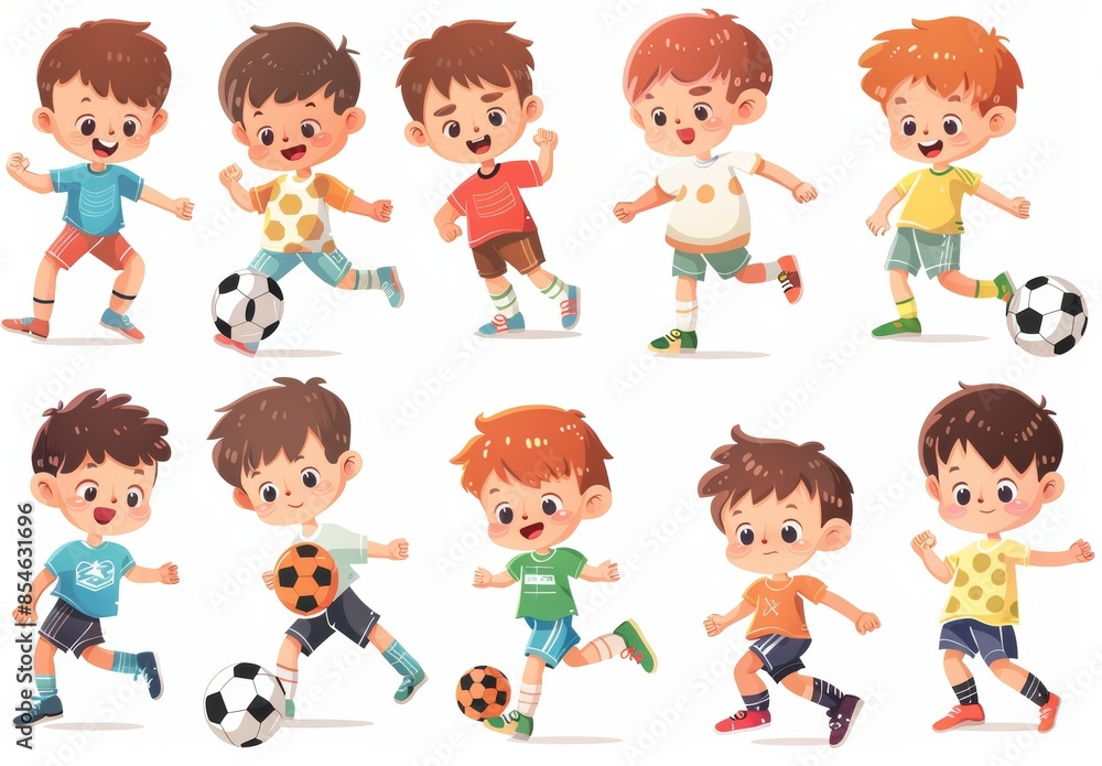 Football playing children, boys playing soccer together, sports team game modern illustrations, having fun together Football playing children, boys playing soccer together, sports team game modern illustrations, having fun together