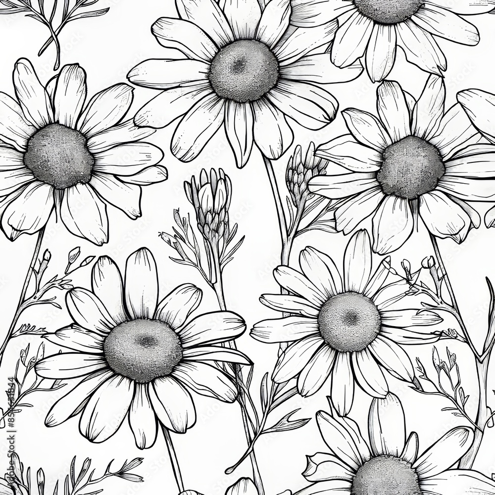 The seamless pattern features a beautiful chamomile plant, modern hand drawn engraved chamomile blossoms, daisy flowers with leaves The seamless pattern features a beautiful chamomile plant, modern hand drawn engraved chamomile blossoms, daisy flowers with leaves