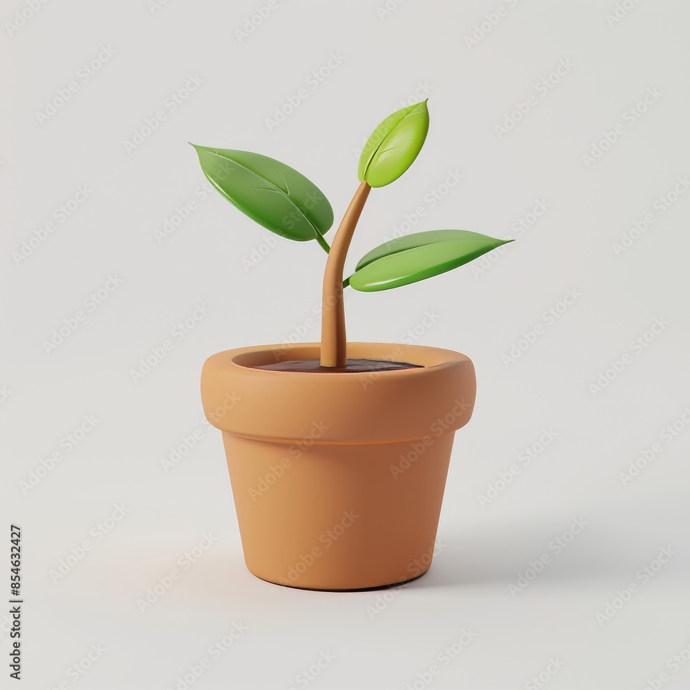 In a white flower pot, there is a sprout illustration in 3D In a white flower pot, there is a sprout illustration in 3D