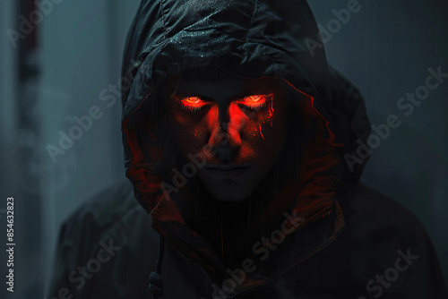 Dark portrait of a man in a hood with glowing eyes. Generated by artificial intelligence