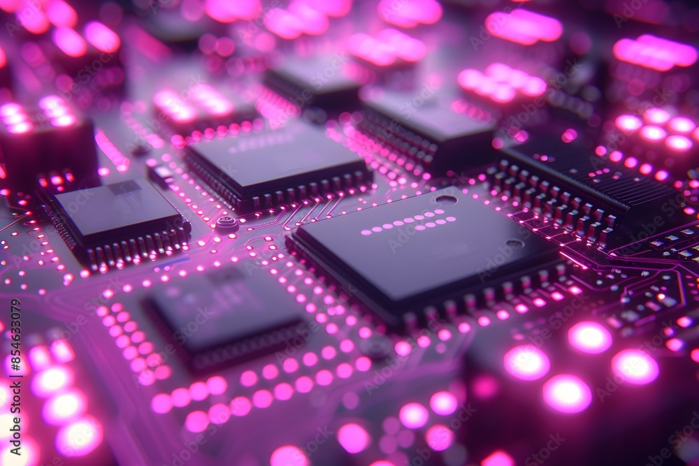 Fototapeta premium Close-up of Illuminated Circuit Board with Microchips - Futuristic Technology Concept for Electronics and Computing