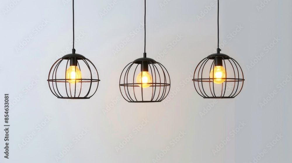 Contemporary caged hanging lamp for cafe or restaurant interior and exterior decor minimalist design with white background Contemporary caged hanging lamp for cafe or restaurant interior and exterior decor minimalist design with white background