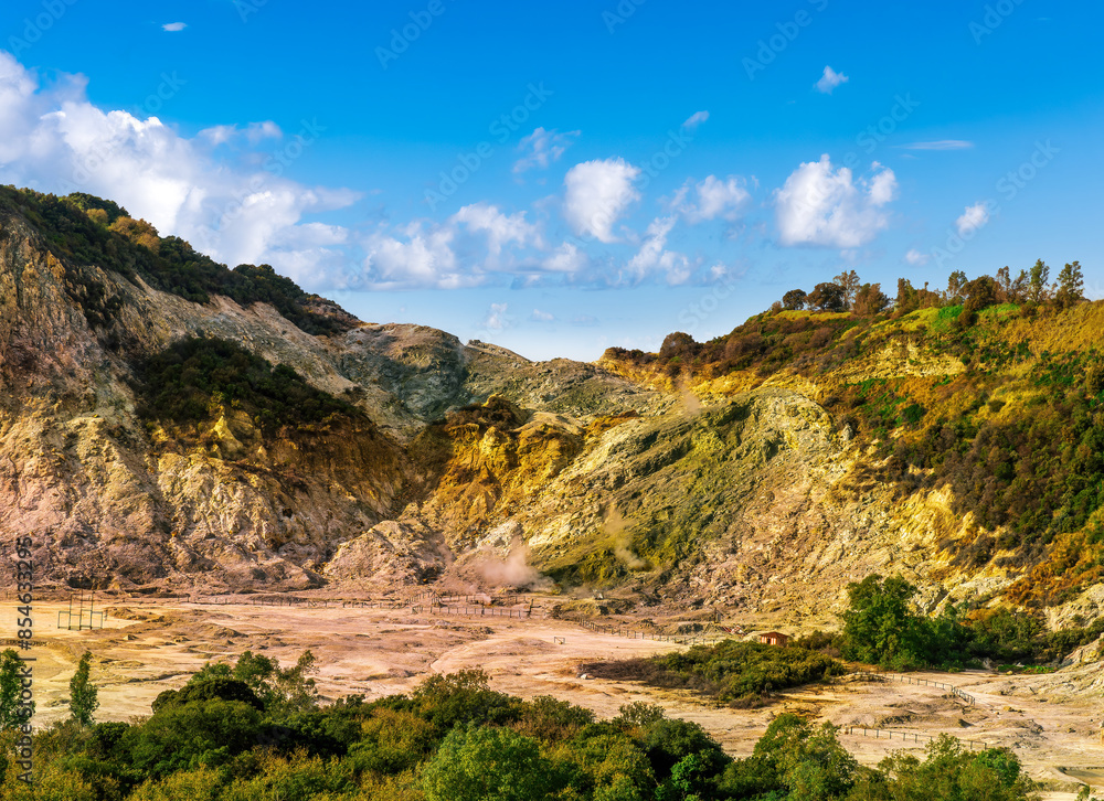 landscape of Plegrean volcano fields in Naples Italy near Pompeii with sulfur yellow caldera duribg eruption of smoke. campi Flegrei and cataclysm of Earthquake landscape of Plegrean volcano fields in Naples Italy near Pompeii with sulfur yellow caldera duribg eruption of smoke. campi Flegrei and cataclysm of Earthquake