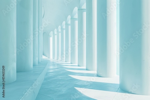 Beautiful airy widescreen minimalistic white and light blue architectural background banner with tilted columns