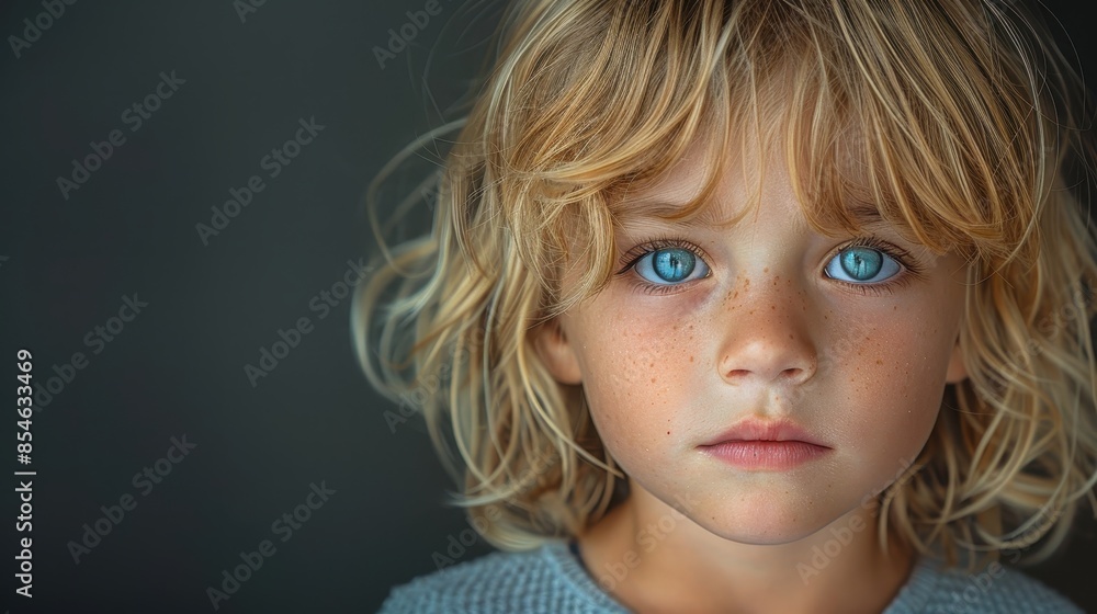 Portrait of a young child with striking blue eyes and blonde hair, gazing directly at the camera with a serious expression, against a dark background. Portrait of a young child with striking blue eyes and blonde hair, gazing directly at the camera with a serious expression, against a dark background.