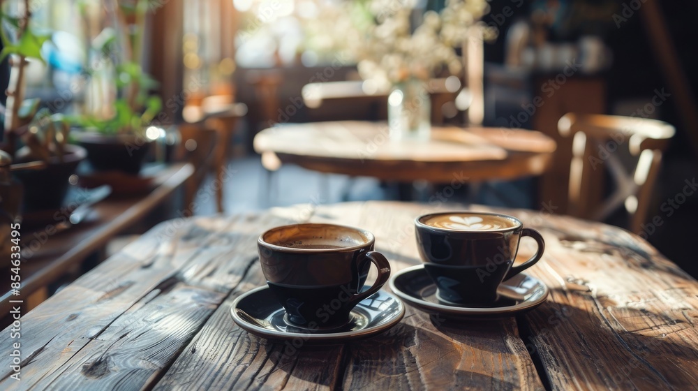 Coffee cups on wooden cafe table with natural light vintage ambiance food and beverages Coffee cups on wooden cafe table with natural light vintage ambiance food and beverages